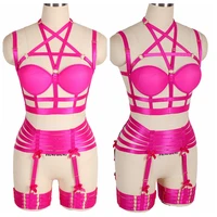pentagram frame bra women set cage breast full cup top elastic halloween rave sexy hot pink lingerie belt garter body harness