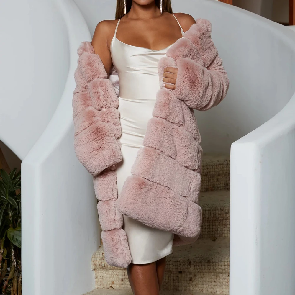 Women's Fashion Winter New Imitation Fur Coat Thicken Long Warm Coat Long Sleeve Artificial Fur Elegant Luxury Coats Black Gray