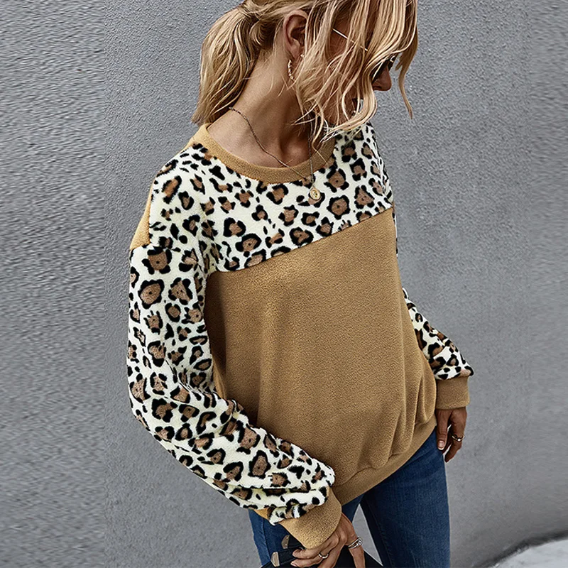 

Winter Fleece Hoodies Women Autumn Leopard Print Stitching O Neck Long Sleeve Warm Pullover Vintage Ladies Plush Sweatshirt Tops