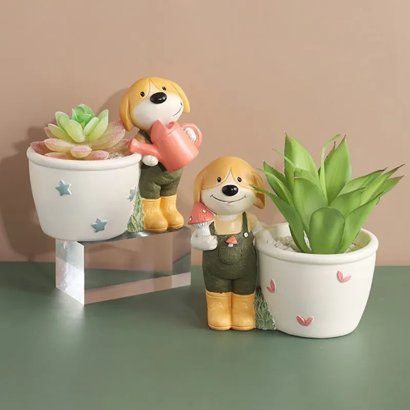 

Cartoon Cute Dog White Meat Green Planting Flowerpot Desktop Gardening Dinghua Flower Pot Home Decoration