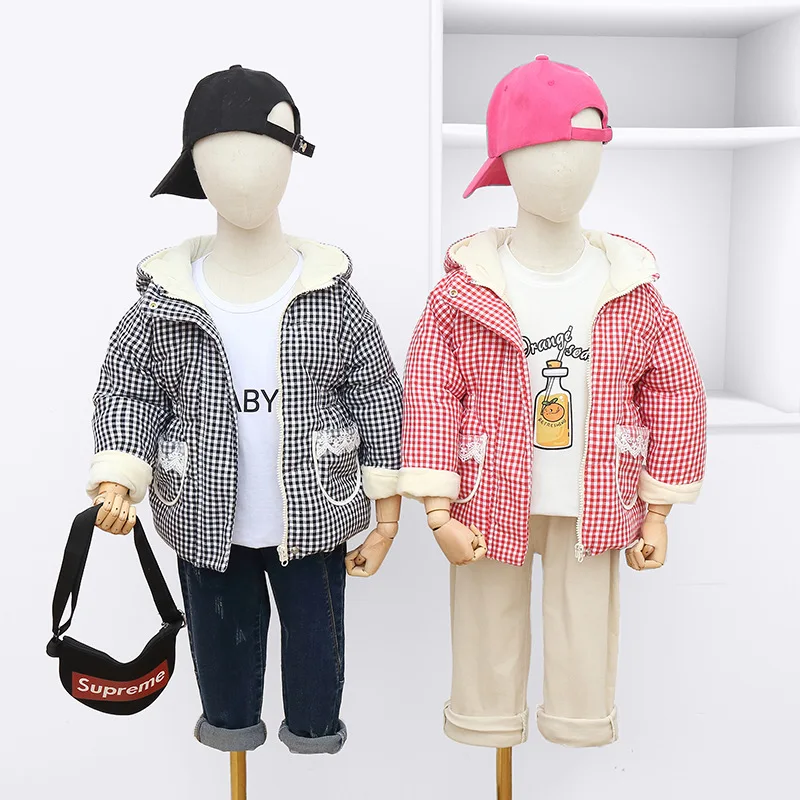

YH-122 Children's Down Jacket Winter New Thick Warm Korean Style Rabbit Ear Hooded Plaid Down Jacket for Girls