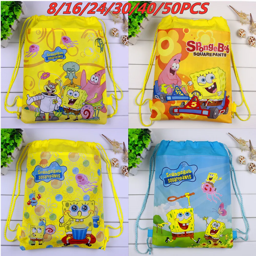 

16/24/50PCS High Quality Sponge Theme Bob Non-Woven Fabrics Drawstring Backpack For Kids Birthday Party Favor Gift Bags 36*28CM