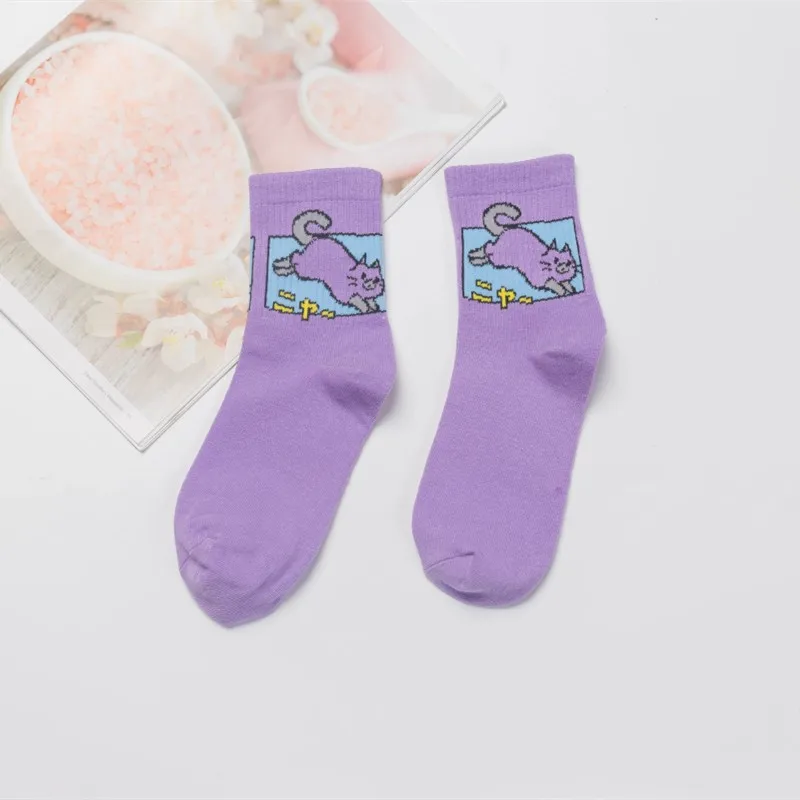 Purple Cat Новая мода харадзюку для женщин и девочек хип-хоп длинные носки с милыми животными носки с динозаврами для женщин забавные японские носки с героями мультфильмов - Цвет: Purple Cat