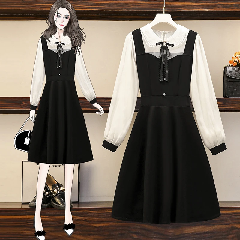 

5XL Plus Size Women Korean Dresses Spring 2021 Peter Pan Collar Chiffon Long Sleeve Mesh Patchwork High Waist A-Line Dress