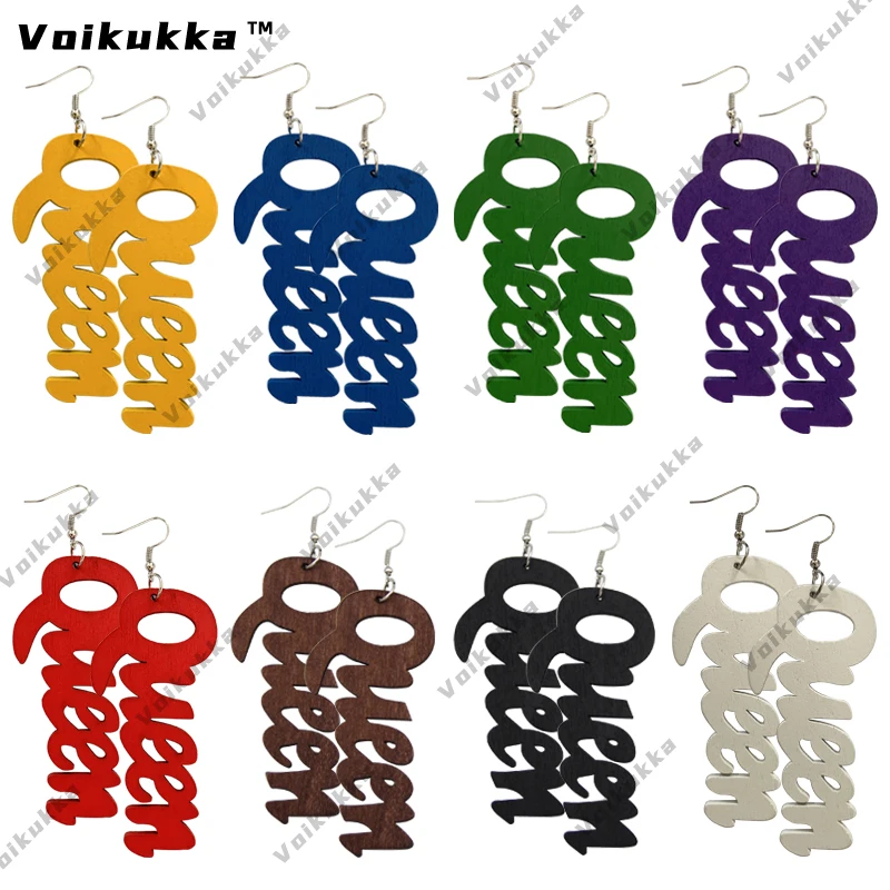 

VOIKUKKA Jewelry Hot Sale Laser Engrave Multi-colored Queen Wooden Drop Dangle Women African Earrings For Gifts