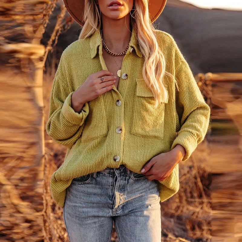 

Fashion Single Breasted Women Shirt New Vintage Solid Color Turn-down Collar Pockets Long Sleeve Lady Blouse Casual Loose Top