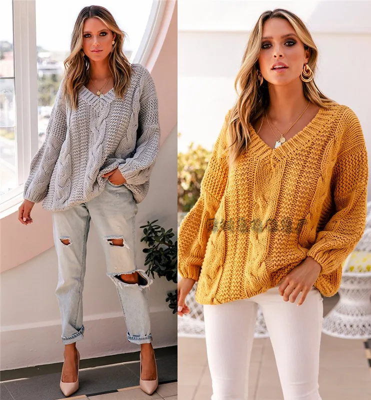 Модный новый женский хлопковый трикотажный теплый свитер с v-образным вырезом