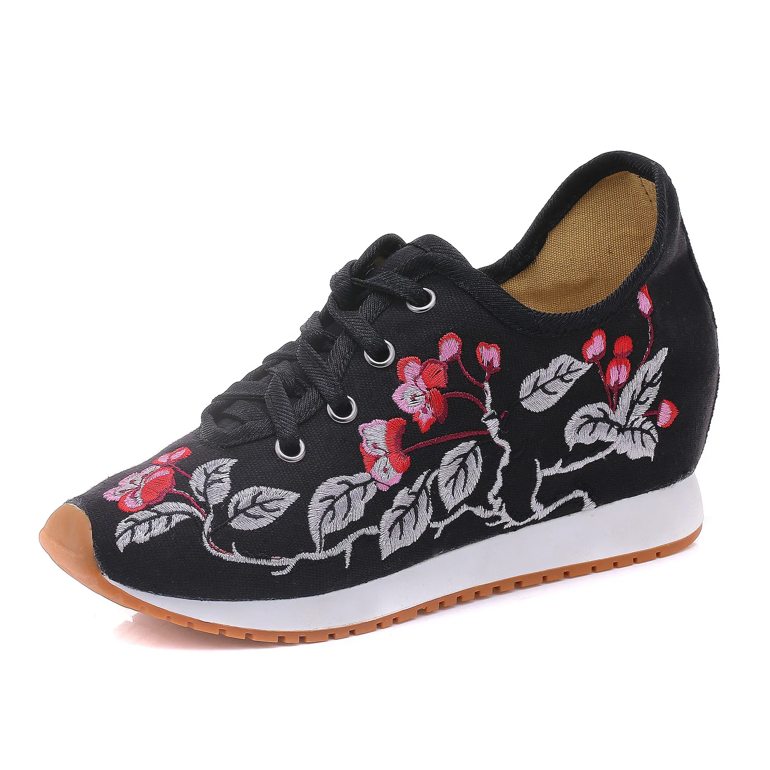 

Autumn and Winter Leisure Sports Travel Shoes Walking Shoes Lace-up Embroidered Cloth Shoes Hidden Height Women's Shoes