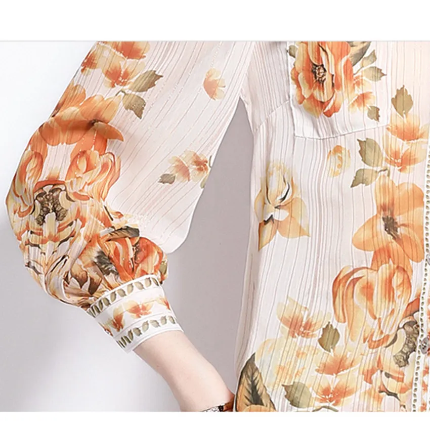 

Designer Runway Two Piece Set Women Floral Print Chiffon Blouse Shir Ladies Floral Print Elegant 2 Piece Outfits High Quality