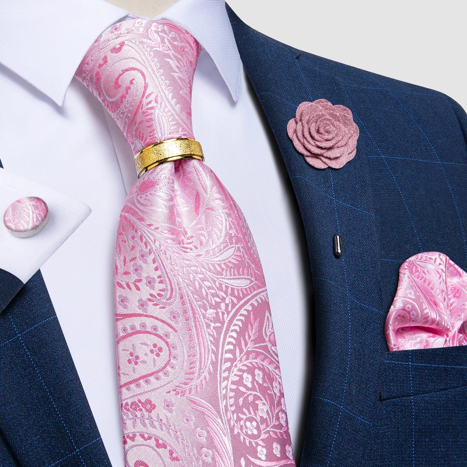 

New Fashion Men's Pink Ties Paisley Silk Neck Tie Pcoket Square Brooch Set Wedding Accessories Gravata Gift For Men DiBanGu