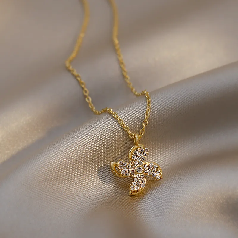 

Women Rotating Windmill Cubic Zirconia Necklace Pendant Fashion Luxury Gold Color Crystal Choker Necklace For Girls Jewelry Gift