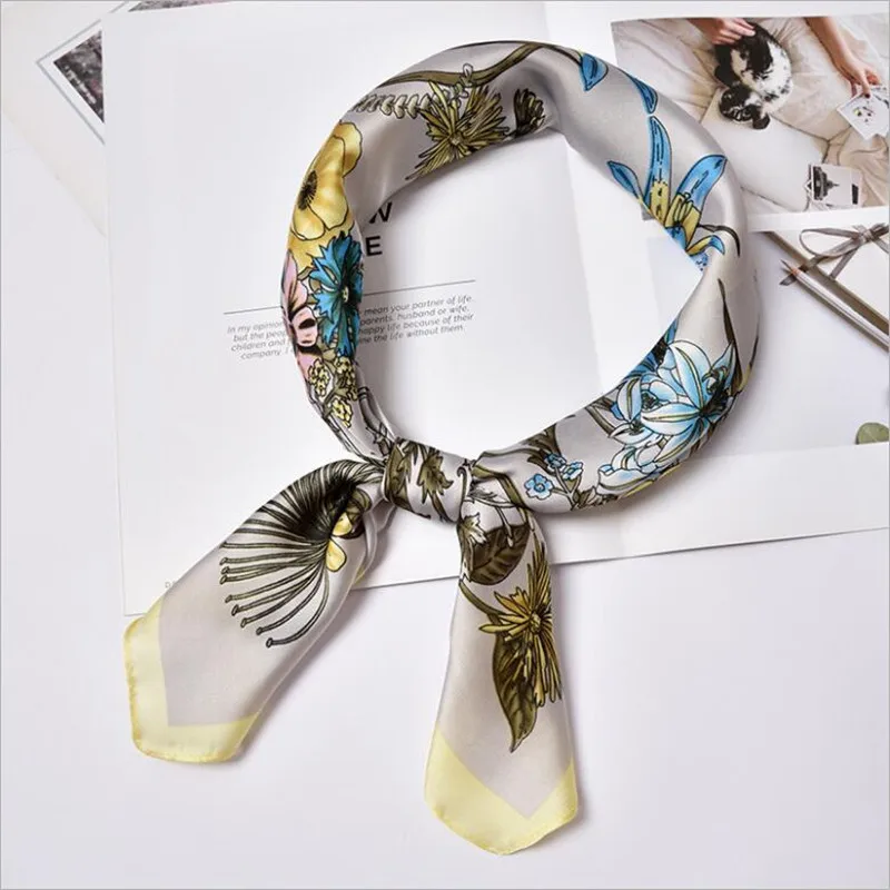 

New 70x70cm Women Multifunction Polyester Silk Scarf Sweet Flowers Printed Satin Small Square Wraps Scarves Bag DecorativeShawl