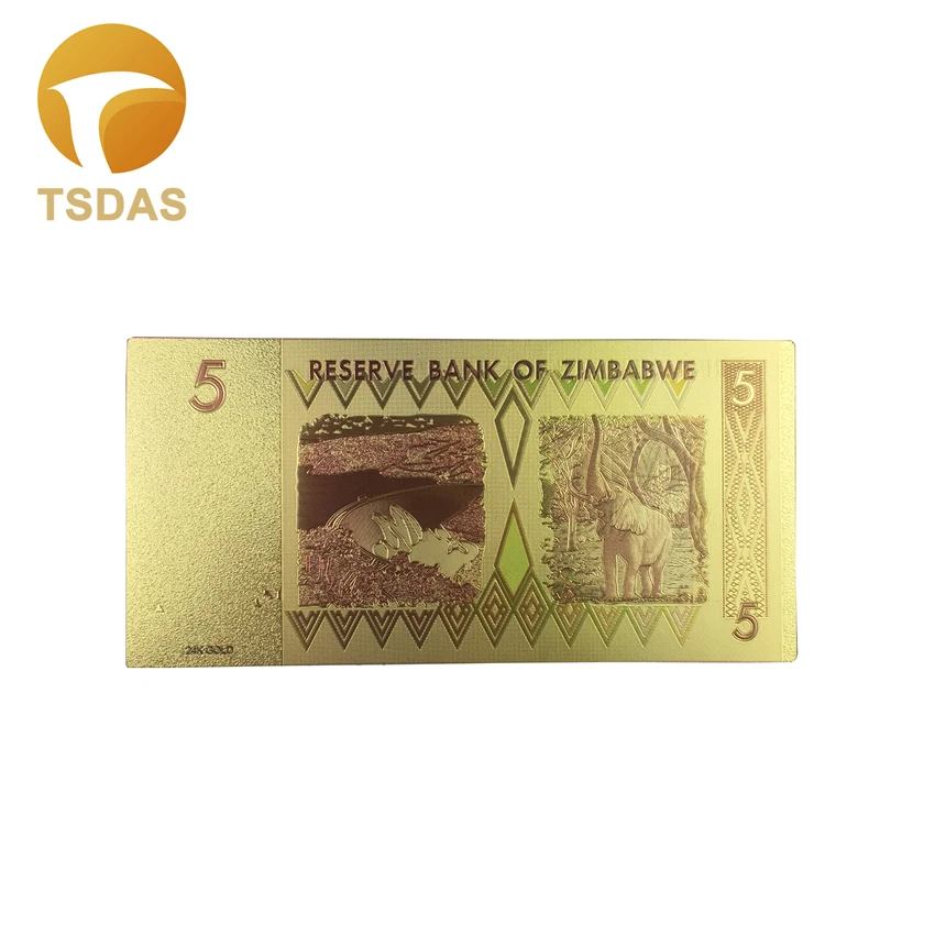 999 г. Зимбабве золотое покрытие для банкнот 5 долларов Золотая фольга 24K банкноты 10
