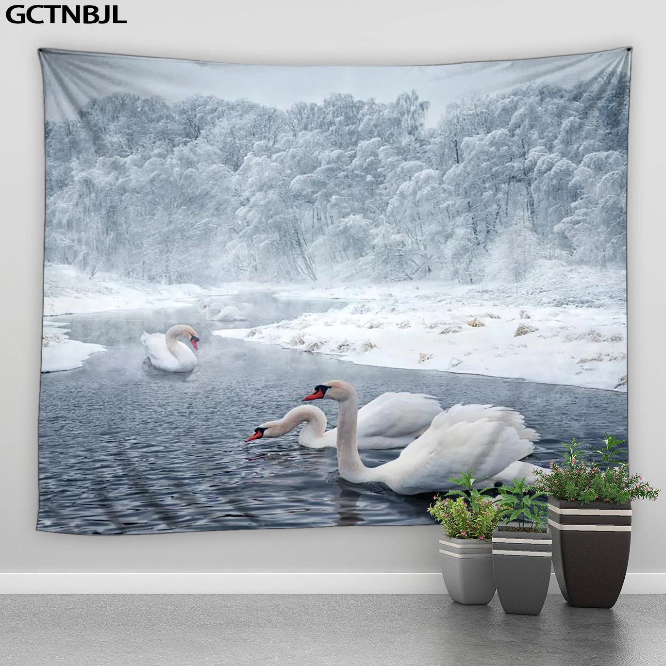 

Winter Forest Landscape Tapestry Swan Lake Scenery Wall Hanging Polyester Fabric Scene Decor Bedroom Room Background Big Curtain