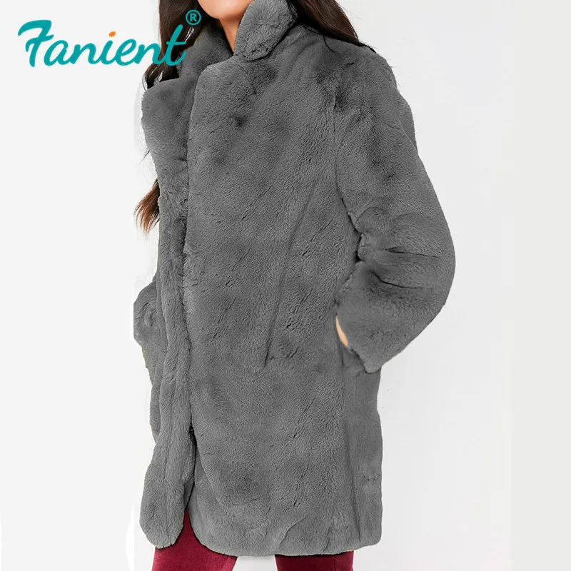 Женское меховое пальто на сезон осень-зима искусственное с закрытой пуговицей