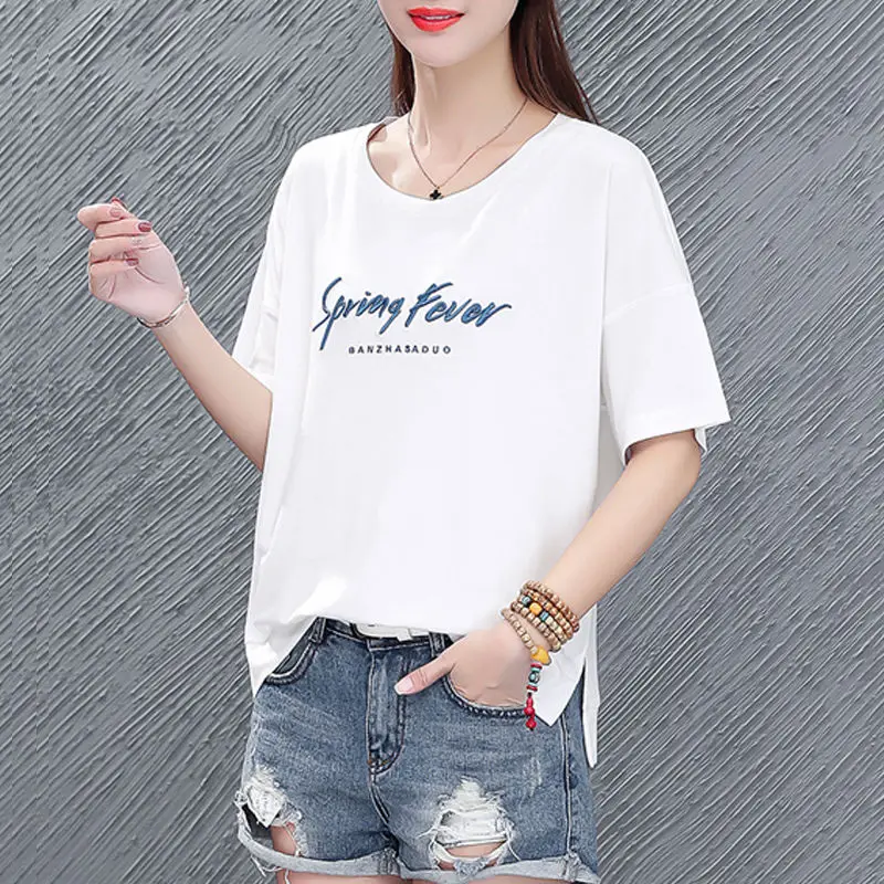 

Женская футболка из чистого хлопка с коротким рукавом, летняя новая стильная свободная модная повседневная футболка с круглым вырезом для ...