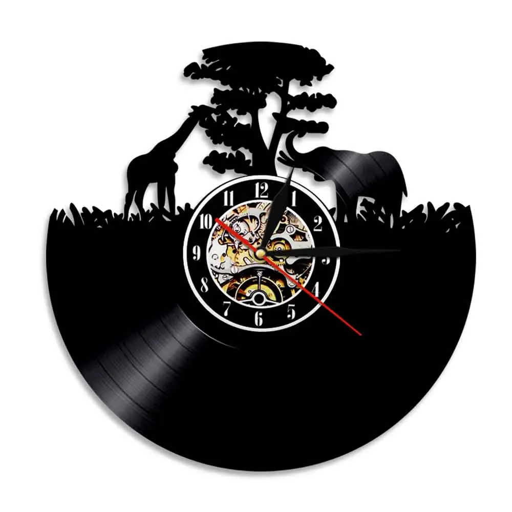 Жирафами и слон виниловых пластинок настенные часы в африканском стиле закат с
