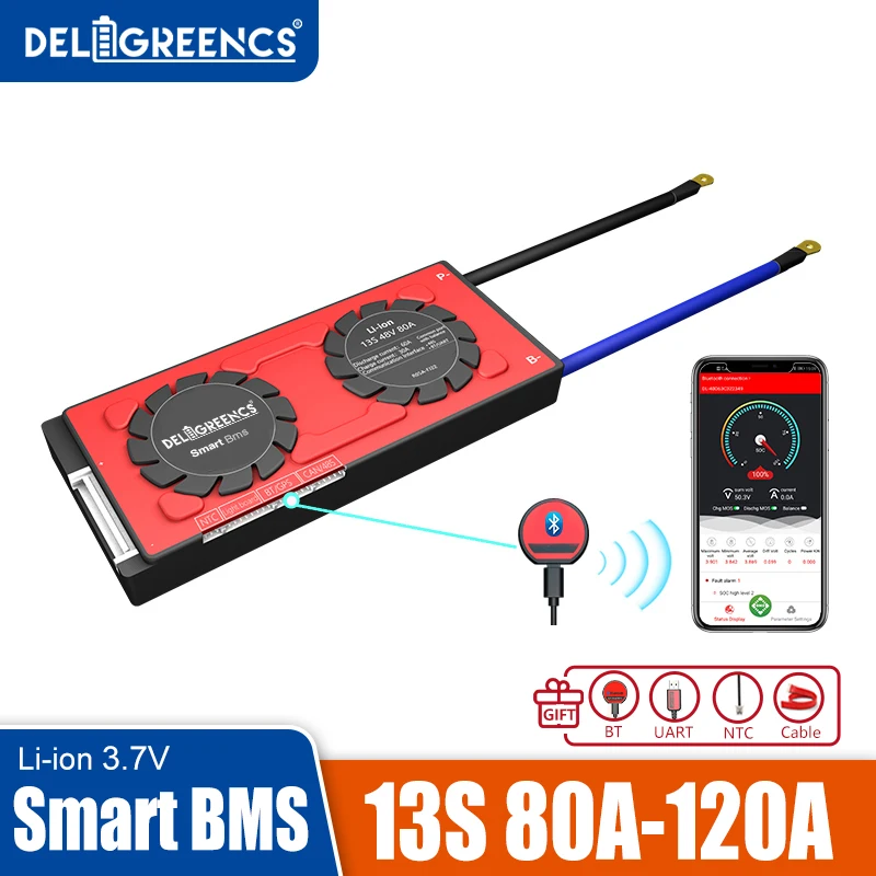 

smart BMS 13S Li-ion 80A 100A 120A UART NTC Bluetooth Module 485 CAN for 48V Lithium Battery Pack Energy Storage With Balance