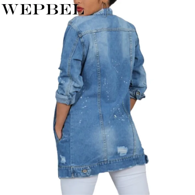 

WEPBEL Women's Fashion Long Sleeve Loose Oversize Denim Jackets Casual Ripped Holes Washed Baggy Jeans Coats Outwear