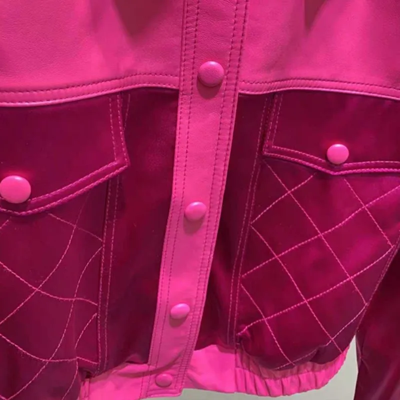 

Fashion Patchwork Women Rose Red Genuine Leather Jacket Autumn Long Sleeve Lapel Motorcycle Jackets Female Real Sheepskin Coat