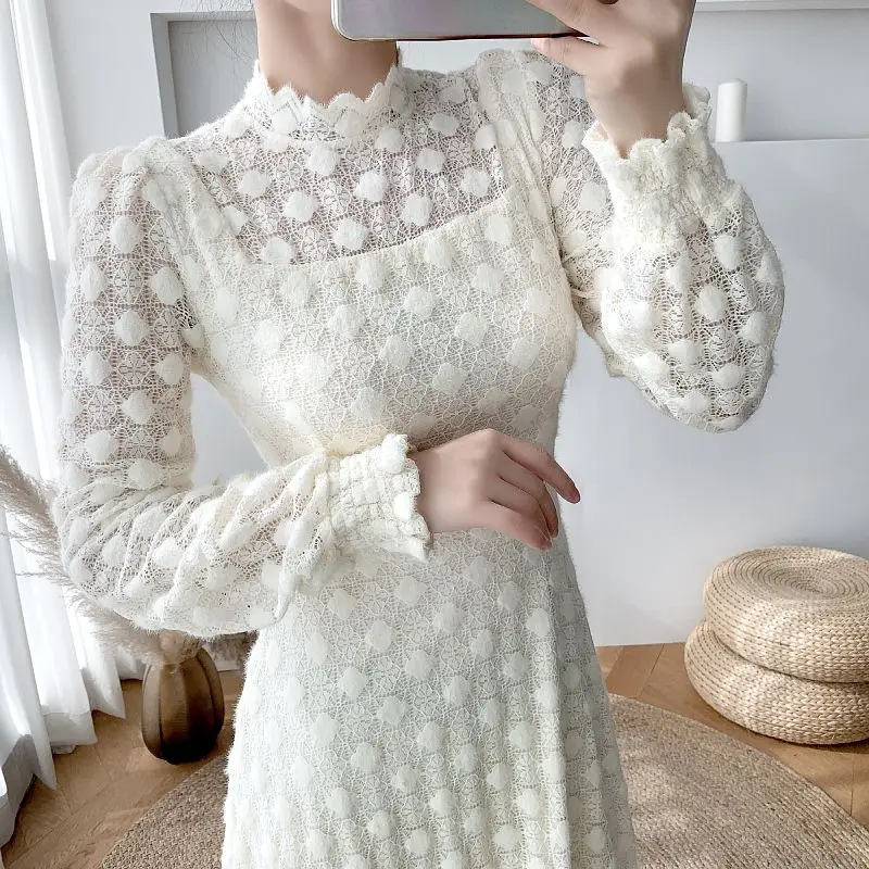 

Осеннее женское платье 2021, зимнее офисное платье во французском стиле с длинным рукавом, однотонные кружевные платья на молнии с высокой та...