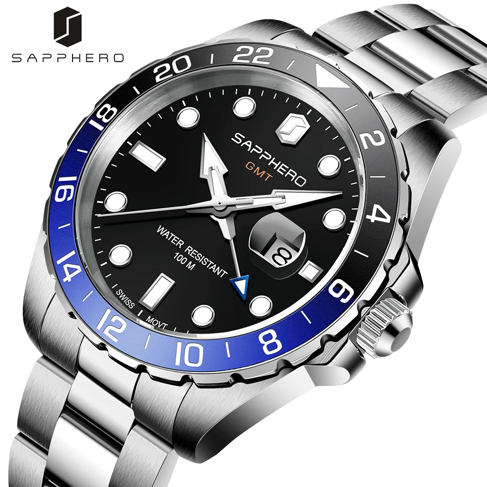 SAPPHERO Mens Watch 100M Waterproof Swiss Quartz Movement Stainless Steel Luxury Stylish Sport Clock GMT Watches Reloj Hombre