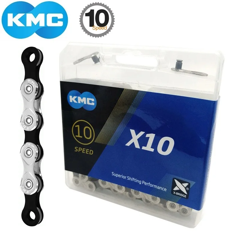 Цепь велосипедная KMC X10 серебристая/черная 10 скоростей 116 звеньев 10-20-30 | Спорт и