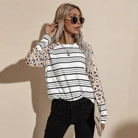 2021 autumn and winter long sleeved printed striped t shirt womens round neck loose and comfortable top with unique design