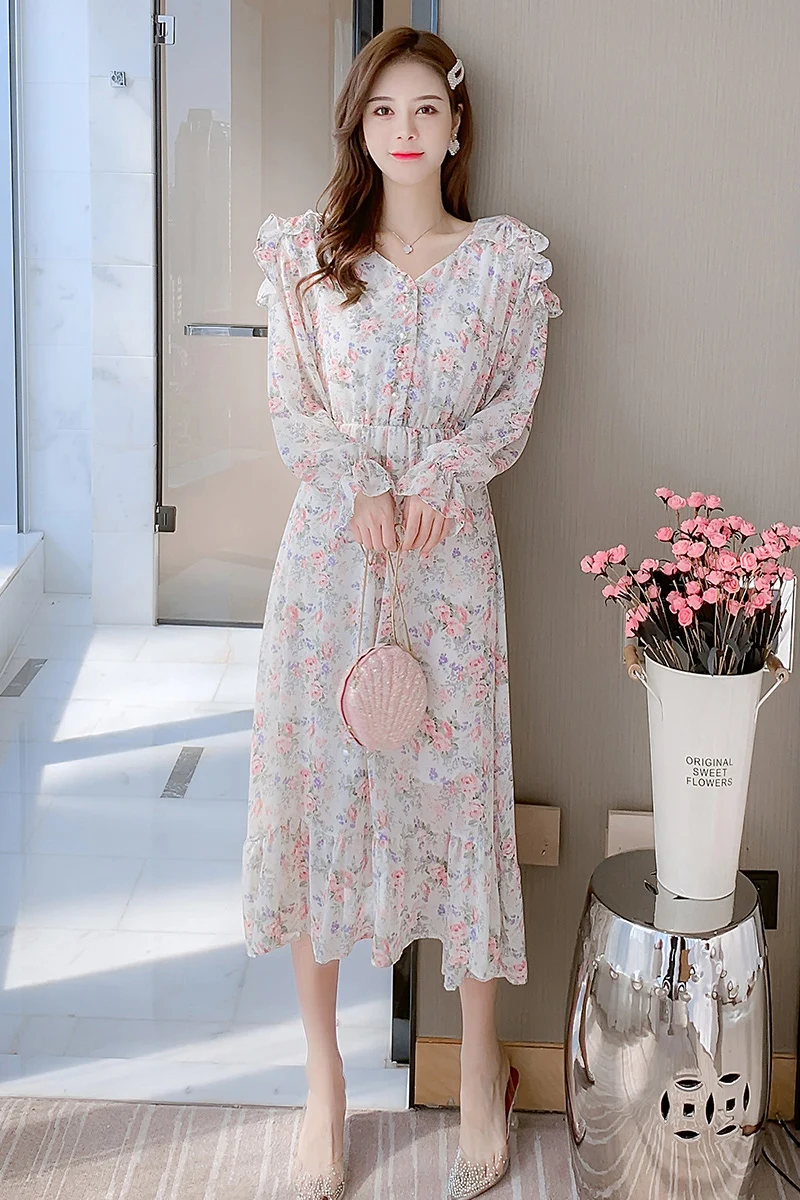 

COIGARSAM Vintage Full Sleeve Women dress Spring Chiffon Floral Print High Waist Dresses 2021