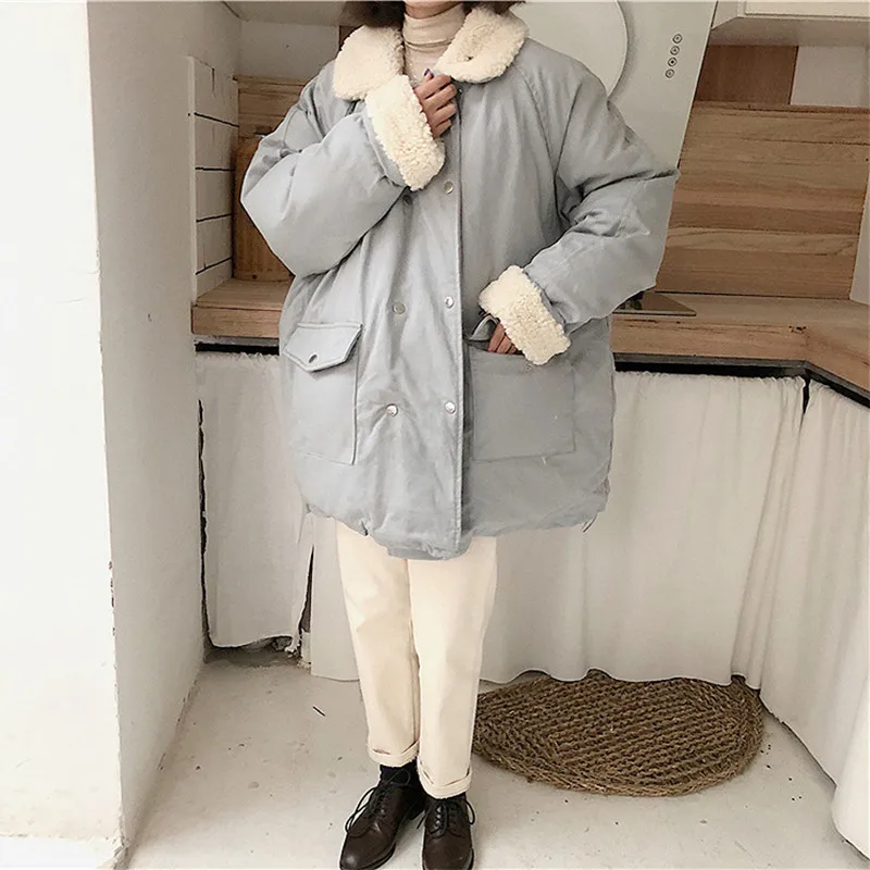 

Autumn and Winter Cotton-padded Jacket Women's Coat New Versatile Simple Loose Fashion Solid Color Thickened Warm Lapel Coat