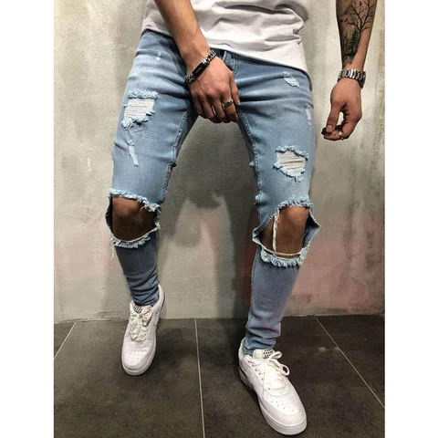 Новые мужские рваные джинсы с дырками, повседневные Черные и синие облегающие джинсовые брюки, байкерские джинсы в стиле хип-хоп с пикантными джинсовыми брюками