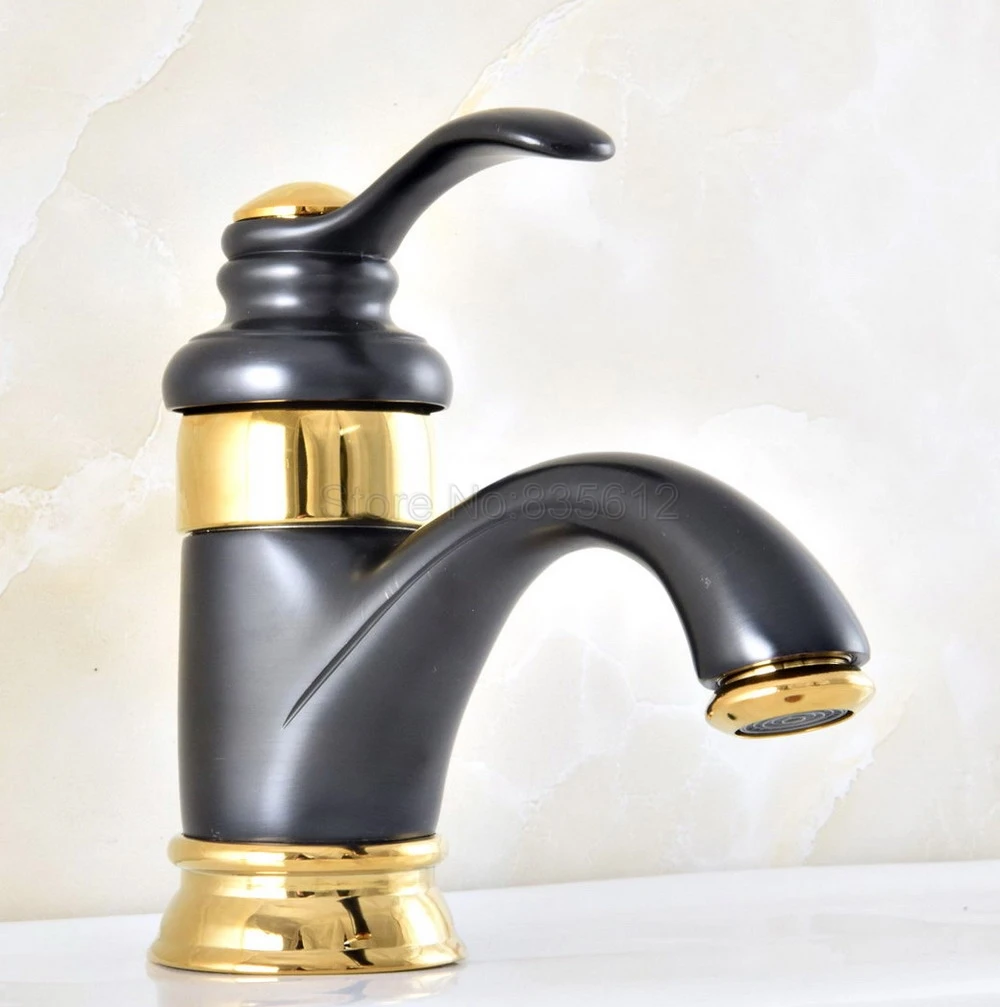 

Gold Black Brass Bathroom Sink Faucet Hot and Cold Water Mix Tap Single Handle Single Hole Basin Faucets tnf303