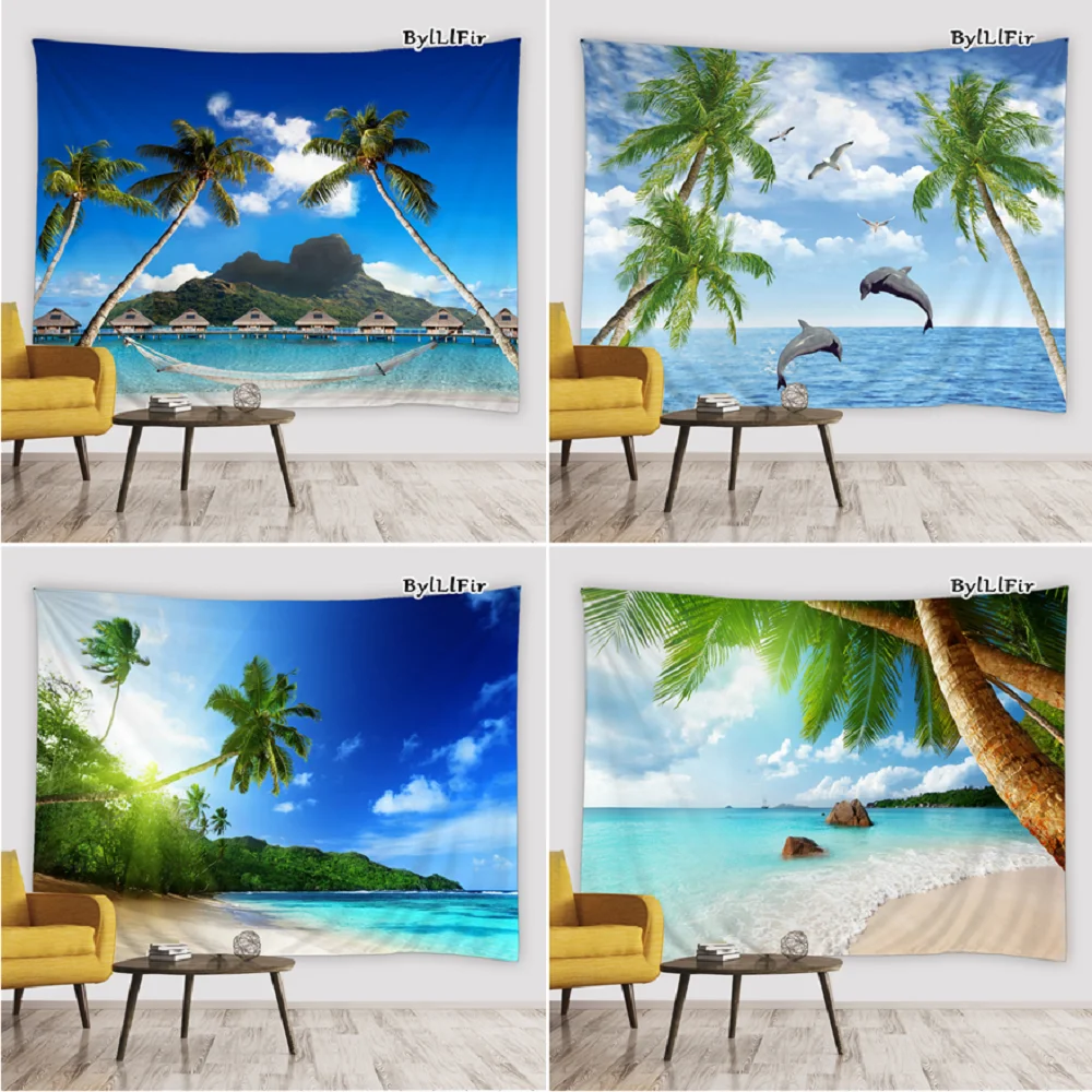 

Ocean Dolphin Palm Tree Natural Scenery Tapestry Beach Seagull Tropical Plants Living Room Wall Hanging Dorm Tapestries Decor