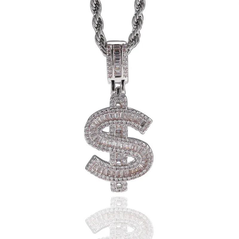 

AGLOVER 24 Inch Full Ice AAA Square Zircon Number $ Pendant Gold Silver Necklace For Men Women Hip Hop Rock Fashion Jewelry