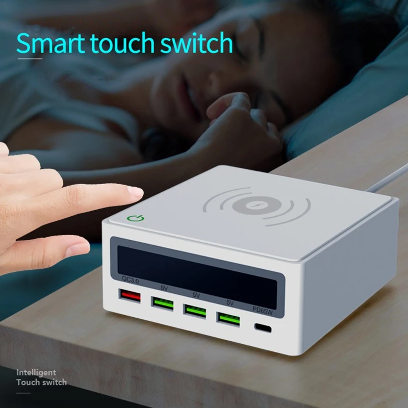 PD3.0 + QC3.0 Быстрое беспроводное зарядное устройство 5 USB портов 65 Вт для ноутбука PD