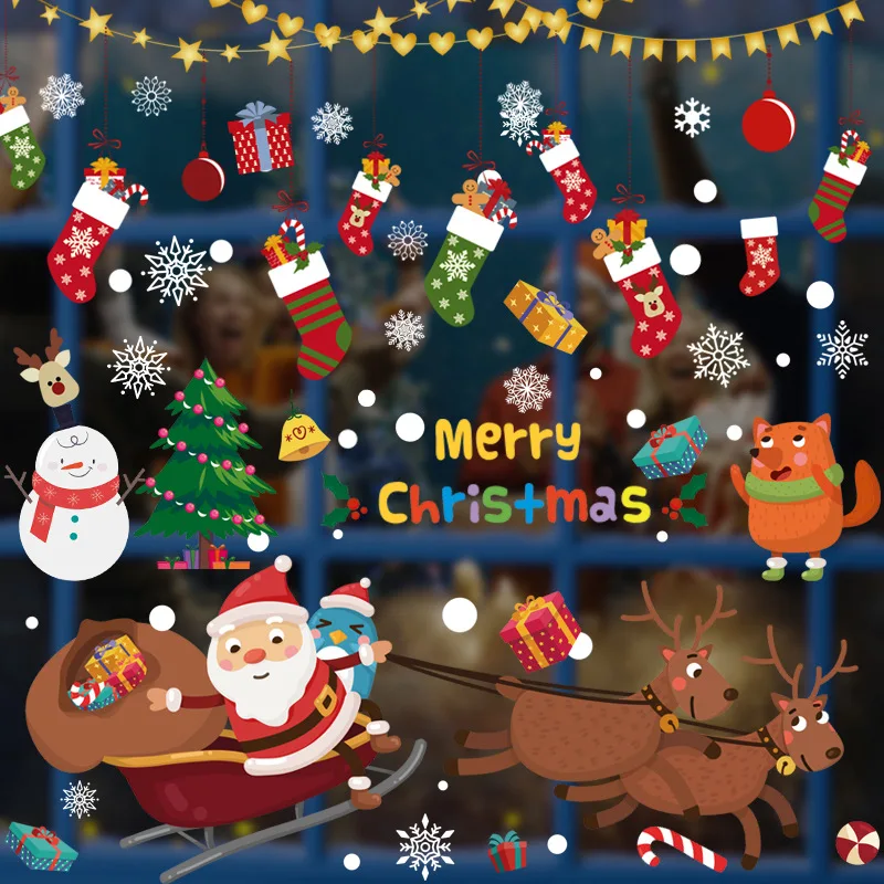 

Merry Christmas Windows Glass Stickers Cartoon Elements Shop Door Car Decoration Home Decor Navidad Elf Christmas Decoration