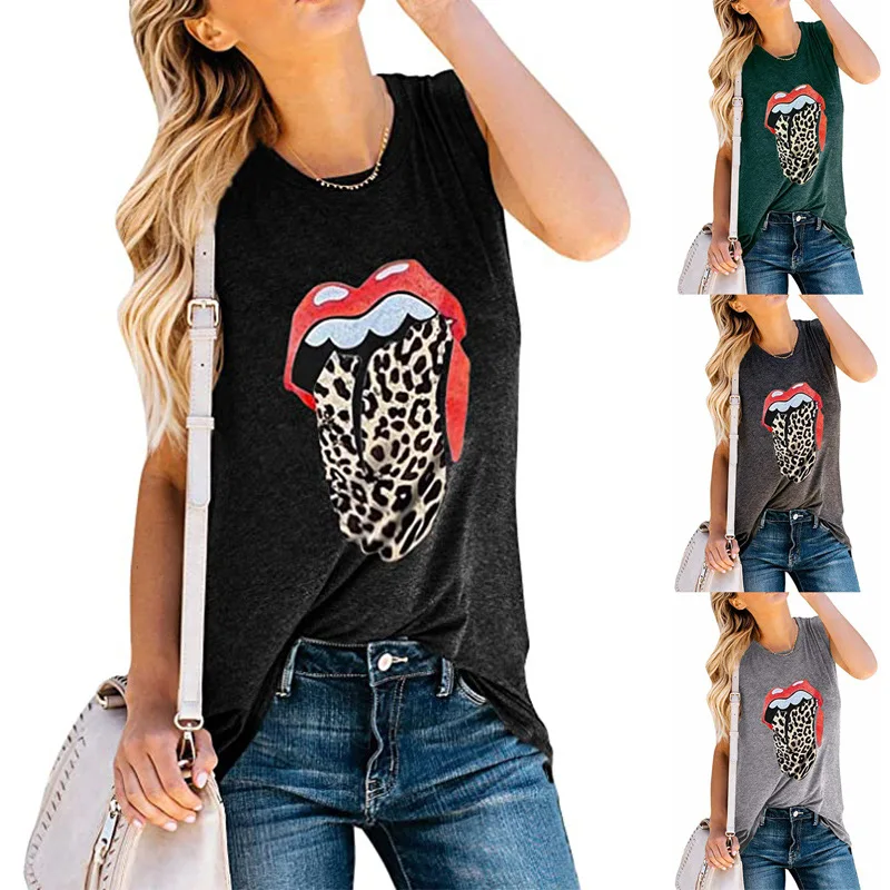 

Leopard Lips Print Tank Tops Women 2021 New Summer Cotton Sleeveless T-shirt Tops Plus Size Loose Casual Women's Clothes Vest