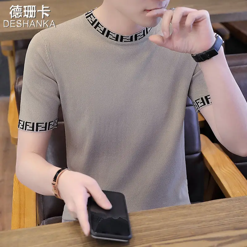 

Spring new men's short sleeve T-shirt new round neck half sleeve trend summer knitted summer slim fit