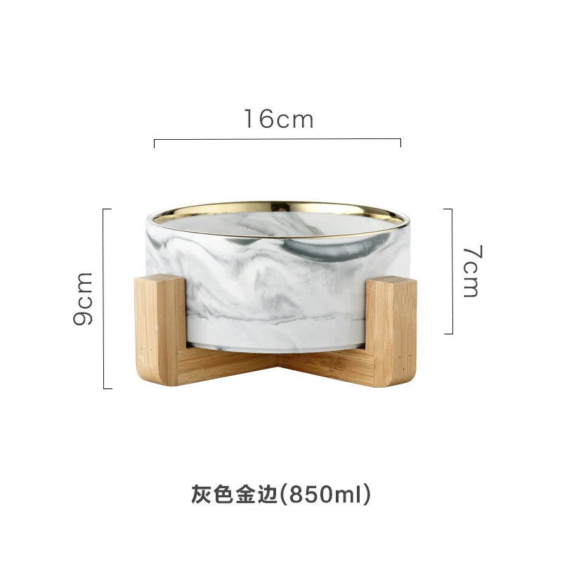 Gray Glod Rim Stand Керамическая миска из мрамора в скандинавском стиле с бамбуковым держателем на стойке, вместительная миска для салата, фруктов, десерта, миска для кошек, домашних животных, столовая посуда 850 мл - Цвет: Gray Glod Rim Stand