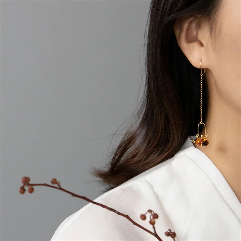 Серьги-подвески INATURE из серебра 925 пробы с натуральным янтарем | Украшения и