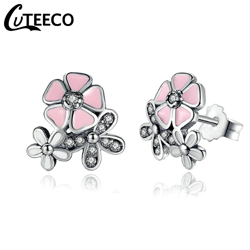 Cuteeco серебристого Цвет серьги сковорода поэтическая ромашка Черри Блоссом Стад CZ