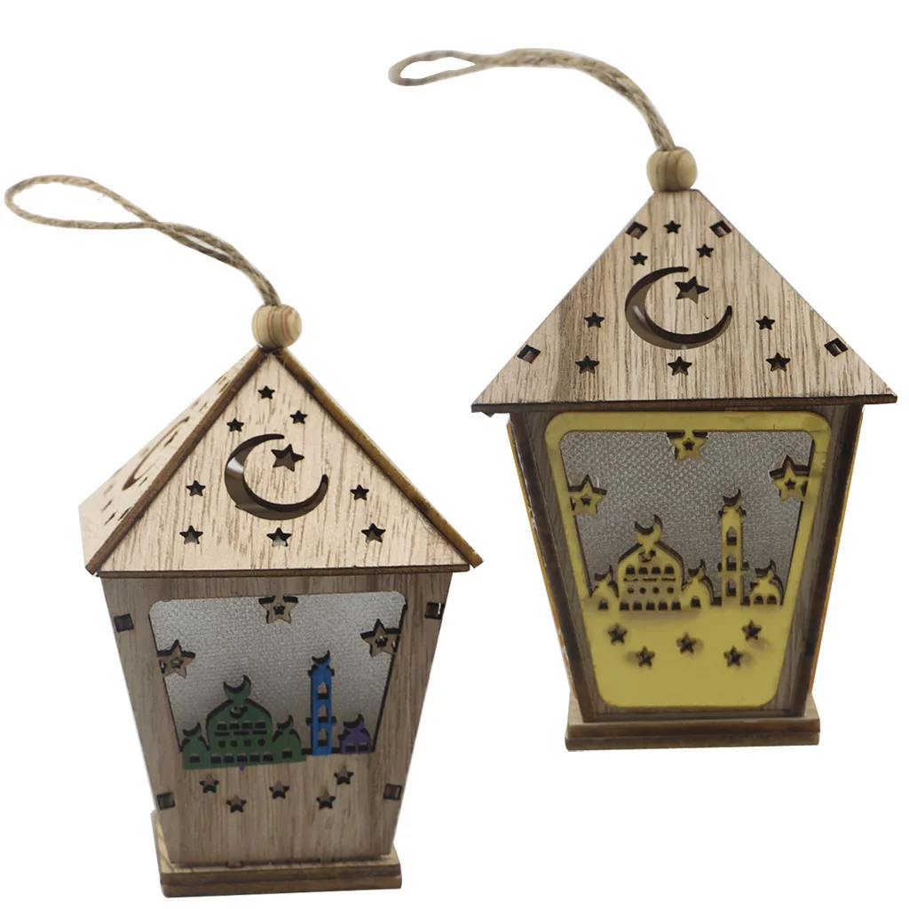 

Ramadan Decoration 2PCS Gurban Eid Mubarak Ramadan Wooden Crafts Decoration Three-dimensional House with LED Lamp Pendant