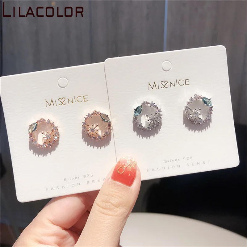 Lilacolor полый круглый цветок Кристалл женские серьги гвоздики S925 Серебряные