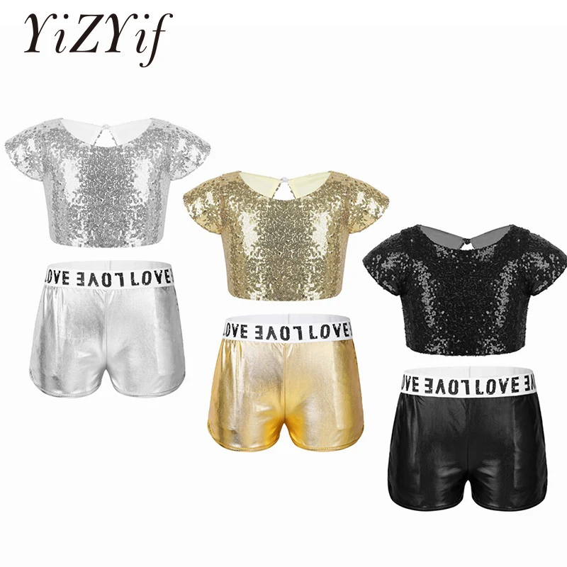 

Girl Jazz Dance Costumes Kids Girls Pants for Dancing Sparkly Sequins Top Shorts Set Christmas Stage Performance Clothing