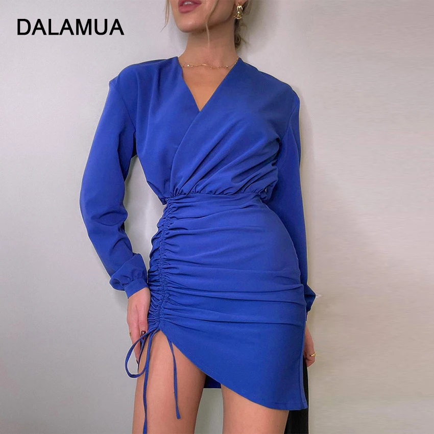 

Элегантное женское платье, весна 2022, с длинным рукавом, V-образным вырезом и кулиской, однотонные синие офисные женские облегающие Модные же...