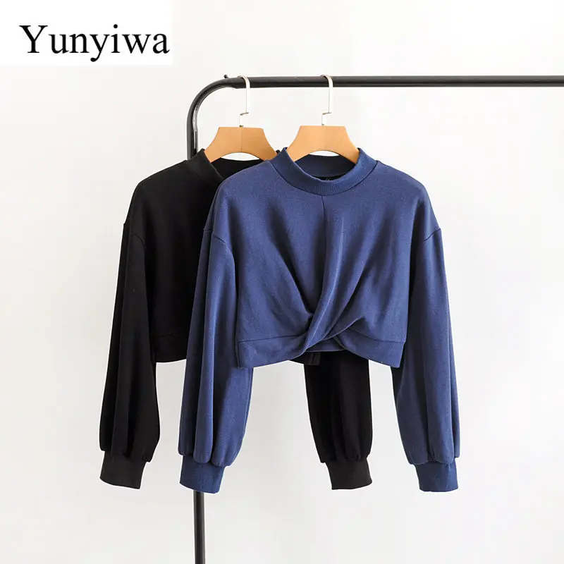 Женская блузка с перекрестными рукавами фонариками высоким воротником топы