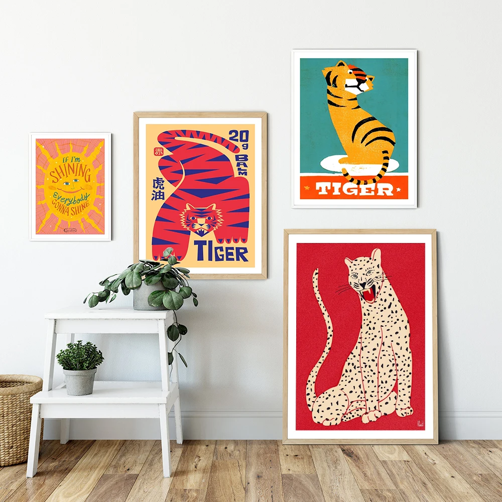 

Tiger Illustration And Typography Canvas Print Simple Beast Picture Abstract Color Poster Painting Kids Wall Art Room Home Decor
