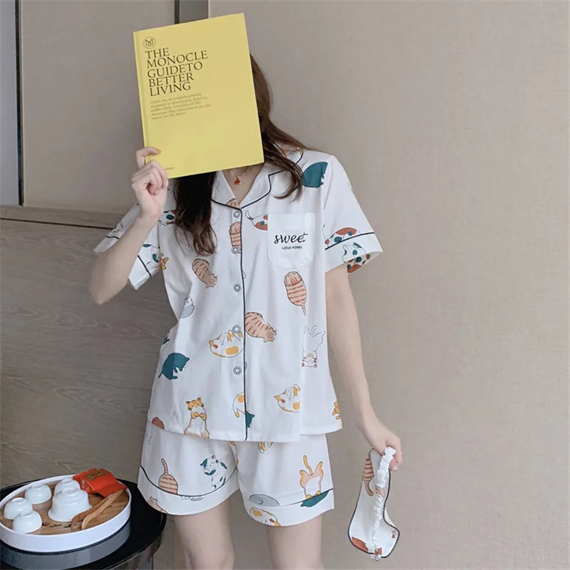 Женский пижамный комплект милый белый из хлопка с принтом кошки и коротким