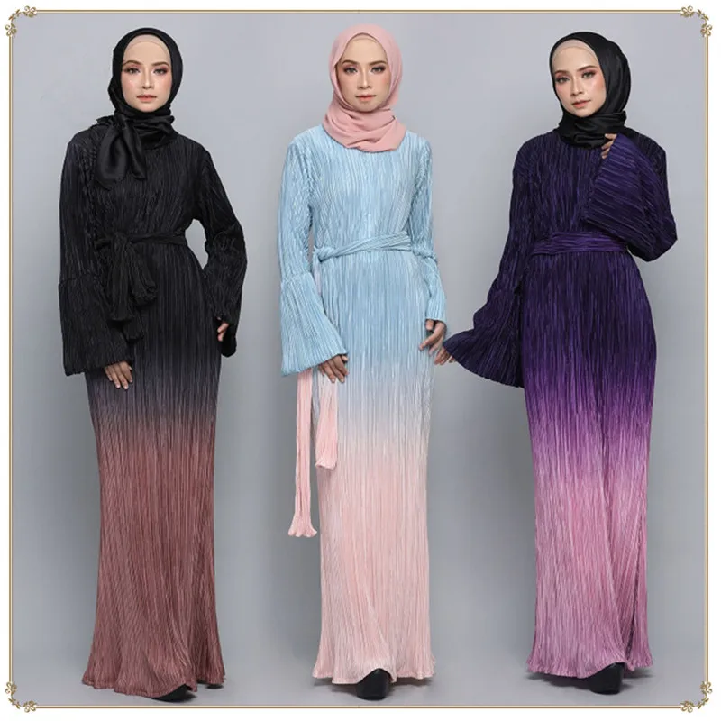 

Women Pleated Ombre Maxi Dress Fitted Long Flare Sleeve Tie Waist O Neck Muslim Modesty Dubai Turkey Gown Party Evening Ramadan