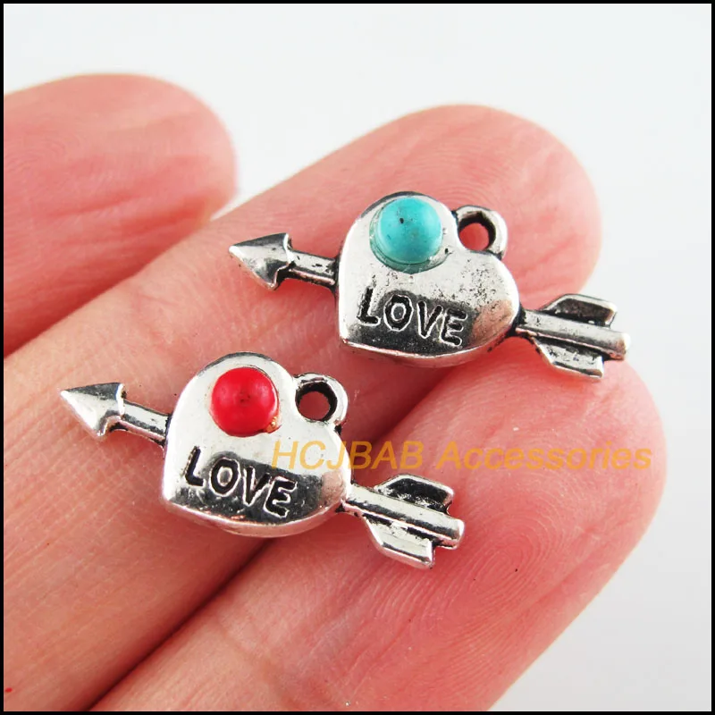 

25Pcs Tibetan Silver Tone Love Arrow Red & Blue Stone Heart Charms Pendants 10.5x21mm